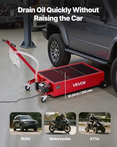 VEVOR Low Profile Oil Drain Pan, 17 Gal Capacity, Rolling Oil Drain Pan with 110V High-Flow Electric Pump, 7.2 ft Hose & T Folding Handle, Leak-Proof & Corrosion-Resistant, Fit for Trucks, ATVs, Red - Image 4