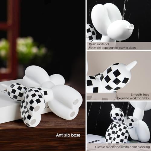 Notakia Black and White Checkered Racing Car Pattern Balloon Dog Statue Crafts Living Room Desktop Decorations,Handmade Modern Small Shelf Decor Animal Statue Ornament Home Decor (Big White Dog) - Image 3