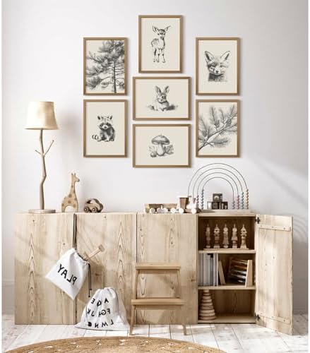 Nursery Wall Art Woodland Animal Canvas Wall Decor Baby Room Pictures Forest Animal Prints Kids Wall Art Pine Tree Poster Nature Vintage Artwork Deer Fox Painting for Bedroom 8x10x7 Inch Framed - Image 5
