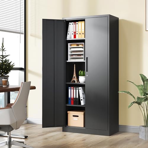 Metal Storage Cabinet with Lock, 71"H Garage Storage Cabinet, Black - Image 2