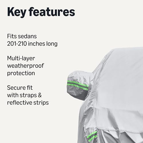 Amazon Basics Full Car Cover, Fits Vehicles 201-210", Silver