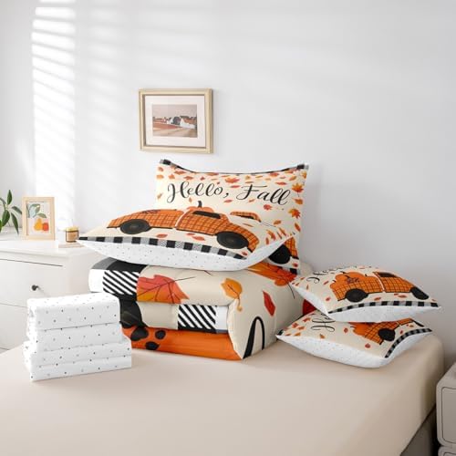 Erosebridal Plaid Pumpkin Truck Twin Comforter Set 7 Piece Fall Thanksgiving Harvest Bed in A Bag,Buffalo Check Maple Leaves Bedding Set for Kids Adults Farmhouse Autumn Sheet Set with Comforter - Image 6