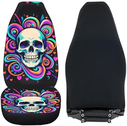2 Pcs Car Seat Covers Full Set, Trippy Swirl Skull Front Split Bench Seat Covers for Cars, Hippy Colorful Spiral Skull Universal Seat Cover for Sedan, SUV, Truck