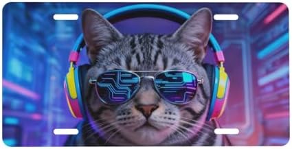 Cool Cat Glasses Neon Front License Plate 6" * 12" for Women