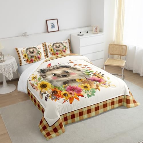 Homewish Pumpkin Grid Comforter Set Twin Size,Cute Hedgehog Sunflower Fall Bedding 2pcs for Kids Girls Boys Room Decor,Rustic Farmhouse Plants Quilt Halloween Style Duvet Insert,Yellow Fall06 - Image 6