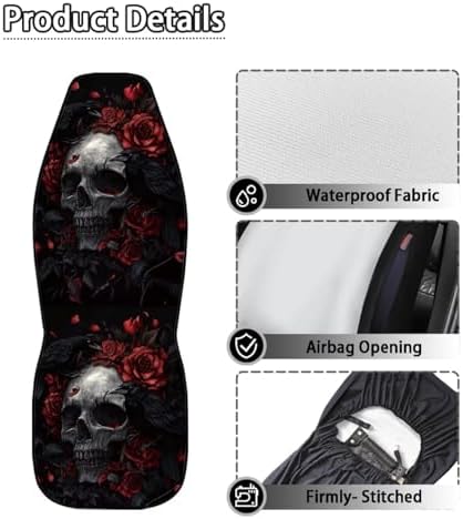 Bulopur Skull Red Rose Crows Front Car Seat Covers Waterproof Washable Auto Seat Covers High Back Airbag Compatible Auto Bucket Cushions Universal for SUV Truck Sedan, Easy to Install and Removable