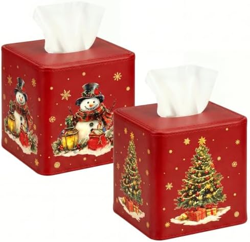 Thyle 2 Pcs Christmas Square Tissue Box Cover Red PU Leather Christmas Tree Snowman Tissue Box Holder Closure Xmas Decorations Cube Napkin Holder for Kitchen Car Home Office Living Room Bedroom by Thyle