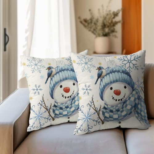 Christmas Blue Throw Pillow Covers 22x22 Set of 2 Winter Snowman Bird - Image 4