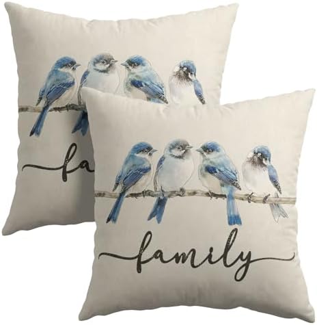 Sweet Home Blue Bird Family Pillow Covers 12x12 Inches Watercolor Throw Pillow Case Set of 2 Spring Summer Pillows Cotton Linen Cushion Cover for Home Couch Sofa Livingroom by Sweetshow