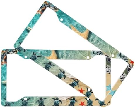 Sea Turtle Starfish License Plate Frame 2 Pack License Plate Holder Universal Aluminum License Plate Cover Car Accessories Decor with Screw for Women Men 12.3 x 6.3 Inch