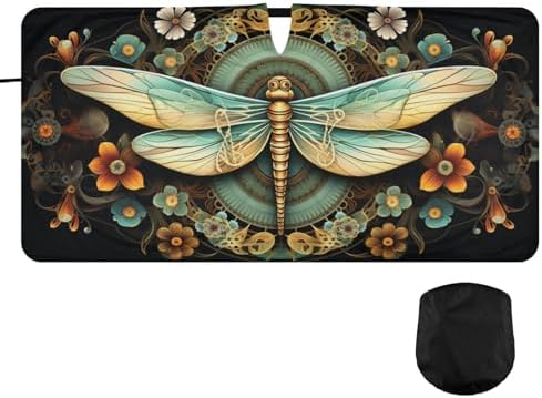 Windshield Sun Shade Dragonfly Florals Mandala Boho Car Sunshade for Auto Truck SUV, Sun Shield that Keeps Your Vehicle Cool, Foldable, Storage Bag 62 x 32 in