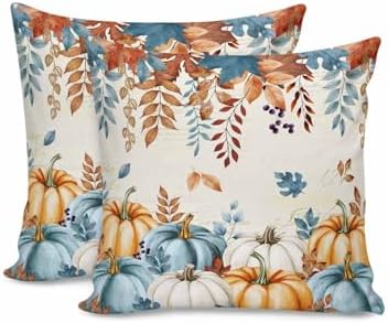 JasmineM Thanksgiving Fall Orange Blue Pumpkin Pillow Covers 20x20 Inch Set of 2, Farmhouse Leaves Decorations Indoor Outdoor Throw Pillows, Orange Blue Linen Pillowcases for Patio Sofa Couch Bedroom by JasmineM