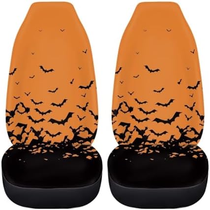 Orange Black Bat Halloween Print Car Seat Cover Colorful Cute Print Front Seat Covers 2 pcs, Vehicle Seat Protector Car Mat Covers, Fit Most Vehicle, Cars, Sedan, Truck, SUV, Van