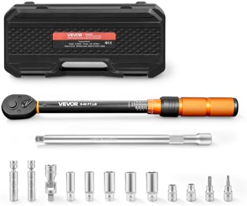 VEVOR Torque Wrench 3/8-inch Drive Click Torque Wrench Dual Scale Readings, 5-45 lbf-ft / 6.8-61.2 N.m, ±3% High Precision, with Spark Plug Sockets, Bits, Universal Joint, Extension Bar, Storage Case by VEVOR