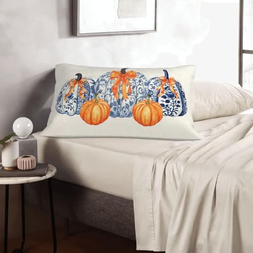 Fall Pillow Covers 12x20 Set of 2 Chinoiserie Blue and Orange Pumpkin Throw Pillows Autumn Thanksgiving Outdoor Fall Decoration Pillowcase Farmhouse Lumbar Cushion Case for Couch Home Decor - Image 7