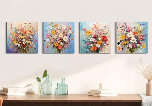 Colorful Flower Pictures Wall Decor Abstract Floral Wall Art for Bedroom Watercolor Poppy Daisy Posters Pink Flowers Painting Nature Bouquet Canvas Prints Artwork Living Room Home Decoration 12x12” 4P - Image 6