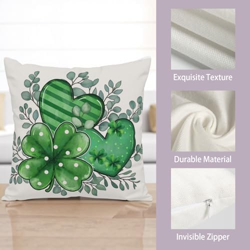 Sweetshow St Patricks Day Pillow Covers 22x22 Inches Lucky Green Shamrock Eucalyptus Heart Throw Pillow Case Set of 2 Irish Spring Pillows Cotton Linen Cushion Cover for Home Couch Sofa Livingroom - Image 3