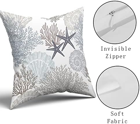 Sweetshow Ocean Coral Pillow Covers 18x18 Inch Nautical Coastal Throw Pillows Set of 2 Beach Seashell Starfish Pillow Case Soft Cotton Square Cushion Covers for Home Couch Sofa Patio Bedroom, Brown - Image 3