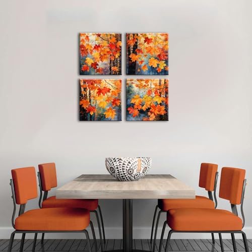 Fall Wall Art Maple Leaves Prints Canvas Decor Watercolor Aesthetic Red Yellow Plant Leaf Pictures for Living Room Bedroom Autumn Country Forest Painting Artwork Kitchen Home Decorations 20x20” 4 Pcs - Image 6