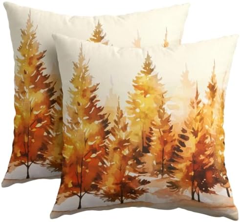 Fall Throw Pillow Covers 22x22 Set of 2 Orange Yellow Pine Trees Thanksgiving Pillow Covers Autumn Nature Forest Watercolor Pillowcase for Kitchen Sofa Cushion Outdoor Bedroom Decoration - Image 2