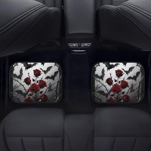 Gothic Rose Car Floor Mats Halloween Bat Rose Thorn All Weather Car 1st & 2nd Row Floor Mats Interior Carpet Gradient Gothic Bat Flower Universal for Sedan Car Trucks