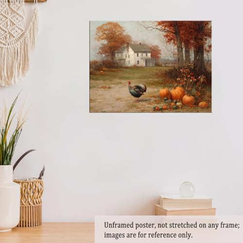 Autumn Farmhouse Wall Art with Turkey and Pumpkins – Vintage Thanksgiving Landscape Poster,Rustic Fall Harvest Canvas Print for Dining Room Decor 20x30in Unframed - Image 6