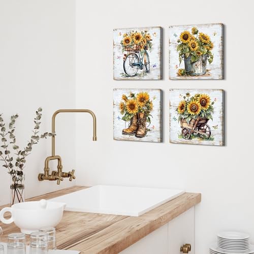 Rustic Sunflower Wall Art Farmhouse Bicycle Boots Truck Sunflower Picture Cowboy Wall Decor Vintage Country Wildflower Canvas Painting Modern Artwork Bedroom Living Room Kitchen Decoration 12x12" 4Pcs - Image 3
