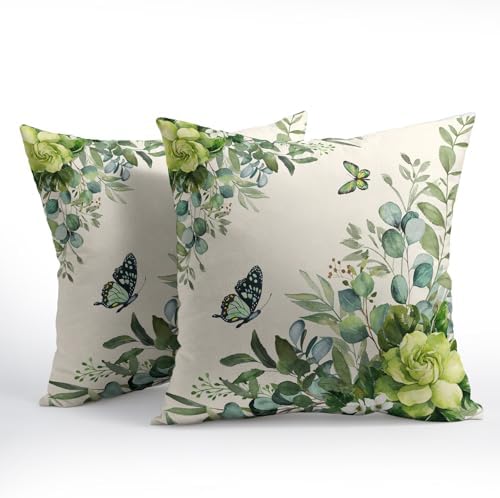 Spring Pillow Covers 24x24 Set of 2 Green Floral Throw Pillow Covers Rustic Pillowcase Linen Decoration Farmhouse Soft Decorative Summer Cushion Case Couch for Indoor Outdoor Home Decor - Image 2