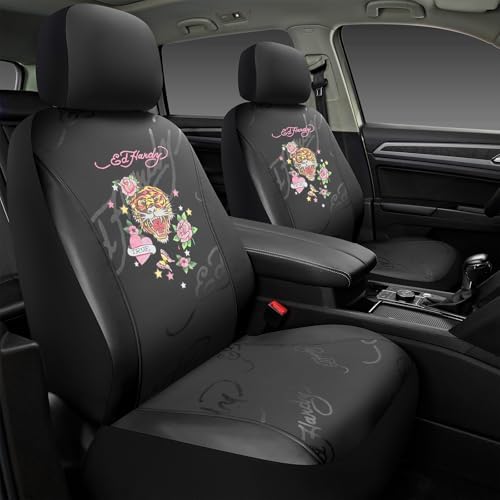 ED HARDY Tiger Print Car Seat Covers, Black Premium Leather Front Seat Covers, Universal Fit Automotive Covers for Most Cars, Trucks & SUVs, Airbag Compatible, Waterproof, Scratch Resistant