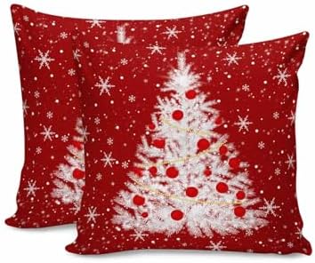 JasmineM Merry Christmas Tree Pillow Covers 16x16 Inch Set of 2, Red Snowflakes Decorations Outdoor Throw Pillow Covers, Winter Holiday Square Pillowcases for Patio Sofa Couch Bedroom Decorative by JasmineM