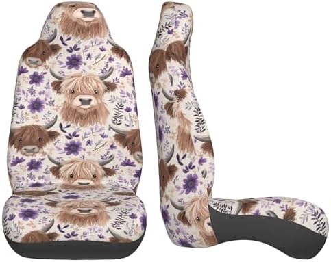 Highland Cow 2 Front Car Seat Covers for Car Truck Sedan SUV, Car Gifts, Durable Automotive Seat Covers, Breathable Bucket Seat Covers, Protective Interior Accessory
