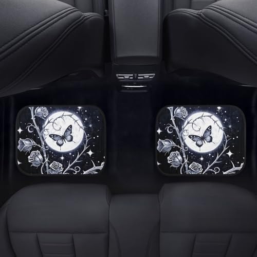 Butterfly Car Floor Mats 4PCS, Silvery Thron Rose Rubber Non-Slip Front and Rear Floor Mats, Gothic Starry Night Moon All Weather Heel Pad Universal Fit SUV Van Truck