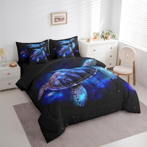 Sea Turtle King Comforter Set 7 Pieces,All Season Bed in a Bag King,Exotic Tortoise Bedding Set with Blue Galaxy Nautical Sea Animal Comforter,Flat Sheet,Fitted Sheet,Pillowcases,Pillow Shams - Image 2