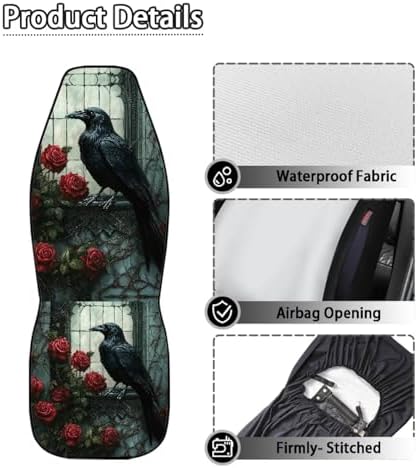 Bulopur Crow Car Seat Covers Full Set 2 Pack Waterproof Front Auto Seat Covers for Car Bucket Seats Side Air Bag Compatible Auto Interior Protector Universal for Most Cars SUV Truck