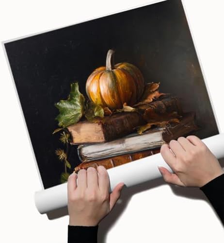 Vintage Pumpkin Still Life Wall Art – Antique Books with Fall Leaves Canvas Print,Dark Academia Autumn Aesthetic Poster for Reading Nook Decor 16x20in Unframed - Image 3