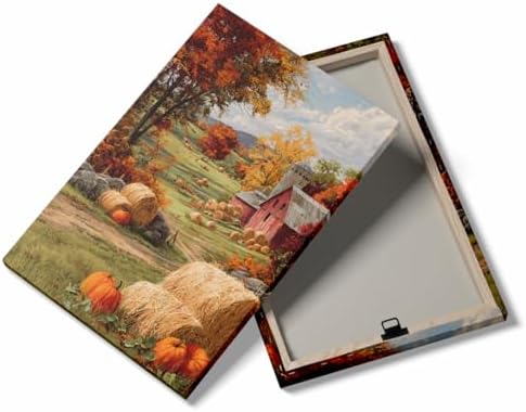 Autumn Farmhouse Wall Art – Rustic Red Barn Landscape with Pumpkins, Fall Harvest Canvas Print for Country Living Room or Seasonal Decor Display 20x30in Large Frame wall art - Image 2