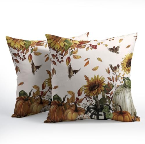 Fall Sunflower Throw Pillow Covers 24x24 Set of 2 Autumn Buffalo Plaid Pumpkin Thanksgiving Pillow Covers Bird leaves berries Pillowcase Vintage for Kitchen Sofa Cushion Outdoor Bedroom Decoration - Image 3