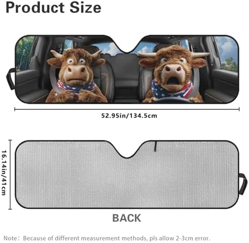 Renewold Auto Front Windshield Sun Shade Compatible with Jeep Wrangler Car Window Easy Install Sunshade Cover UV Glare Heat Sunlight Blocker Sun Visor for Jeep Gladiator JT Funny Highland Cow Driving