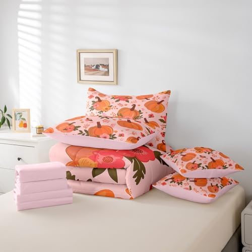 Erosebridal Autumn Pumpkin Queen Comforter Set 7 Piece for Kids Girls Women,Thanksgiving Harvest Fall Bedding Set Cute Floral Botanical Bed in A Bag Rustic Pastoral Sheet Set with Comforter - Image 6