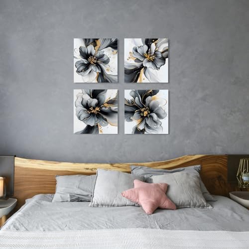 Abstract Canvas Art Black and White Floral Wall Painting Marble Fluid Watercolor Wall Art Gold Splash Ink Minimalist Modern Posters Living Room Bathroom Office Interior Home Decoration 20x20" 4 Pieces - Image 2