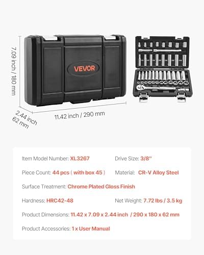 VEVOR Socket Set, 44 Pieces, 3/8 inch Drive Socket and Ratchet Set, SAE and Metric, Deep and Shallow, Mechanic Tool Kit with Accessories and Storage Case, CR-V Alloy Steel, for Automotive Repair - Image 7