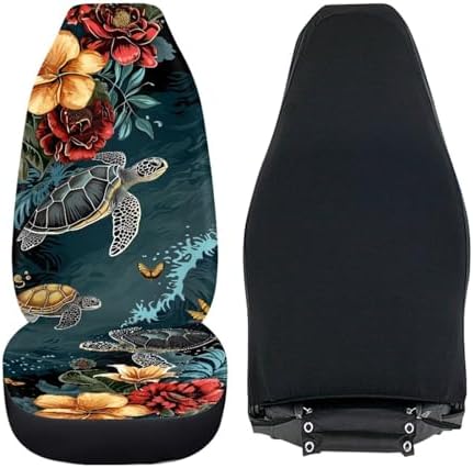 Hibiscus & Sea Turtle Pattern Auto Seat Covers Front Seats 2 Piece Soft Stretchy Fabric Seat Bench Covers Universal Car Interior Protection Set