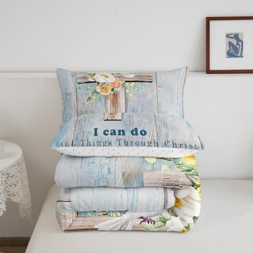 Erosebridal Thanksgiving Comforter Set Cross Theme Decor, Kids Pure Spirit White Flowers Bedding for Adults, Dove of Peace Vintage Wooden Print Duvet Insert Queen Size - Image 5