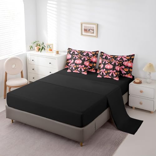 Erosebridal Cute Pumpkin King Bedding Set 7 Piece Kawaii Pink Bowknot Comforter Set for Kids Girls Teen Fall Thanksgiving Day Bed in A Bag Cute Autumn Floral Maple Leaf Sheet Set with Comforter - Image 4