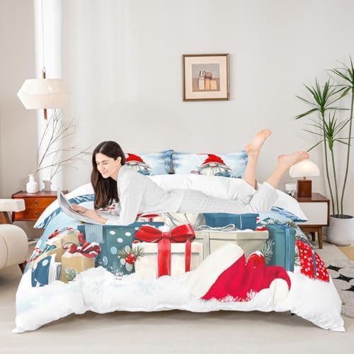 Cartoon Santa Claus Kids Duvet Cover Set Twin Size,Merry Christmas Xmas Holiday Bedding Set,Girls Boys Adults Room Decor,Snowflake Pines Rustic Comforter Cover,Farmhouse Quilt Cover,1 Pillowcase - Image 2