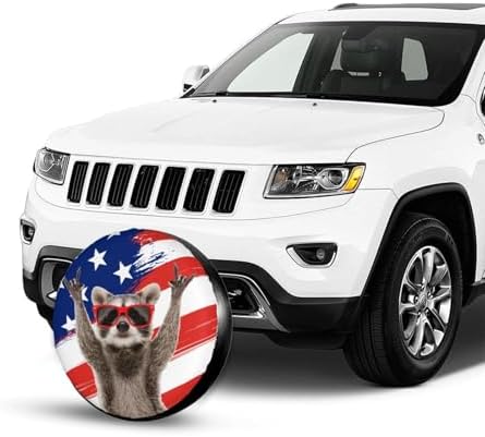Funny Raccoon Spare Tire Cover American USA Flag Wheel Tire Covers Waterproof Wheel Tire Protector Weatherproof Dust-Proof Tyre Covers Universal Fit for Truck SUV Trailer RV Car Travel 17 Inch