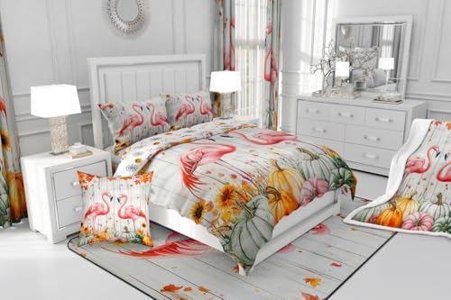 Erosebridal Fall Pumpkin Harvest Duvet Cover Toddler Size, Happy Thanksgiving Comforter Cover for Kids Teens Adult Bedroom,Flamingo Maple Autumn Leaves Bedding Set Rustic Farmhouse Barn Door Bed Set - Image 7