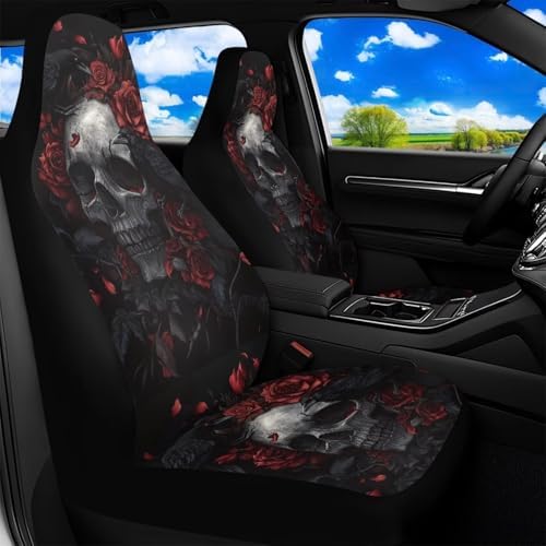 Bulopur Skull Red Rose Crows Front Car Seat Covers Waterproof Washable Auto Seat Covers High Back Airbag Compatible Auto Bucket Cushions Universal for SUV Truck Sedan, Easy to Install and Removable