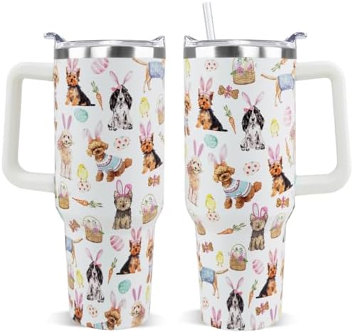 Easter Tumbler 40oz Bunny Ears Dog Cup Coffee Mugs Cute Puppy Chick Leak Proof Cups with Handle and Straw Stainless Steel Vacuum Insulated Water Bottle Easter Gifts Spring Decor (1PCS) by Unknown