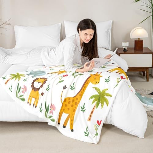 Cartoon Lion Giraffe Throw Blanket Cute Zoo Animals Fleece Flannel Blankets Kids Boys Girls Room Decor Lovely Elephants Trees Bed Blankets for Bed Sofa Couch White Orange Plush Blanket Throw 50"x60" - Image 4